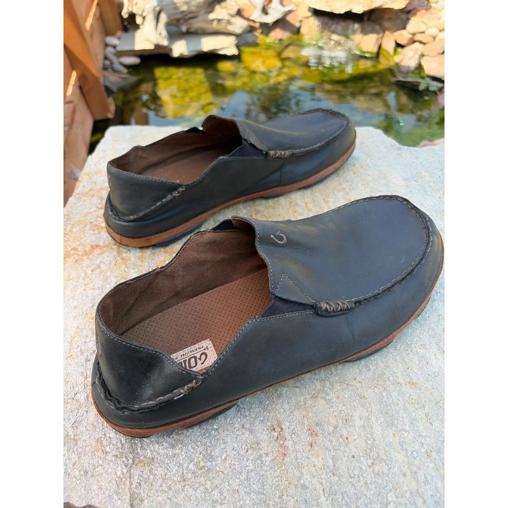 Olukai Moloa Mens Leather Loafers Dark Wood Brown Slip On Shoes Size 13